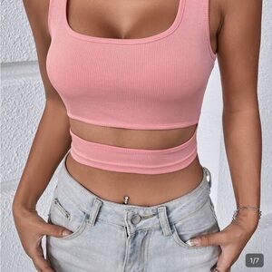 SHEIN Pink Ribbed Square Neck Wrap Crop Tank